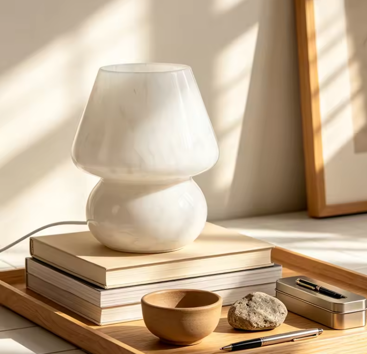 Murano-Style Glass Mushroom Table Lamp | Colorful Striped & Dotted Bedside Light