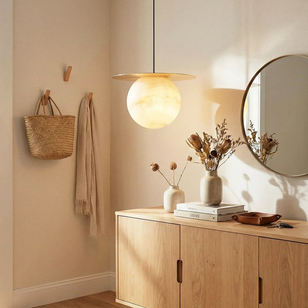 Spherical Alabaster Saturn Disc Pendant Light