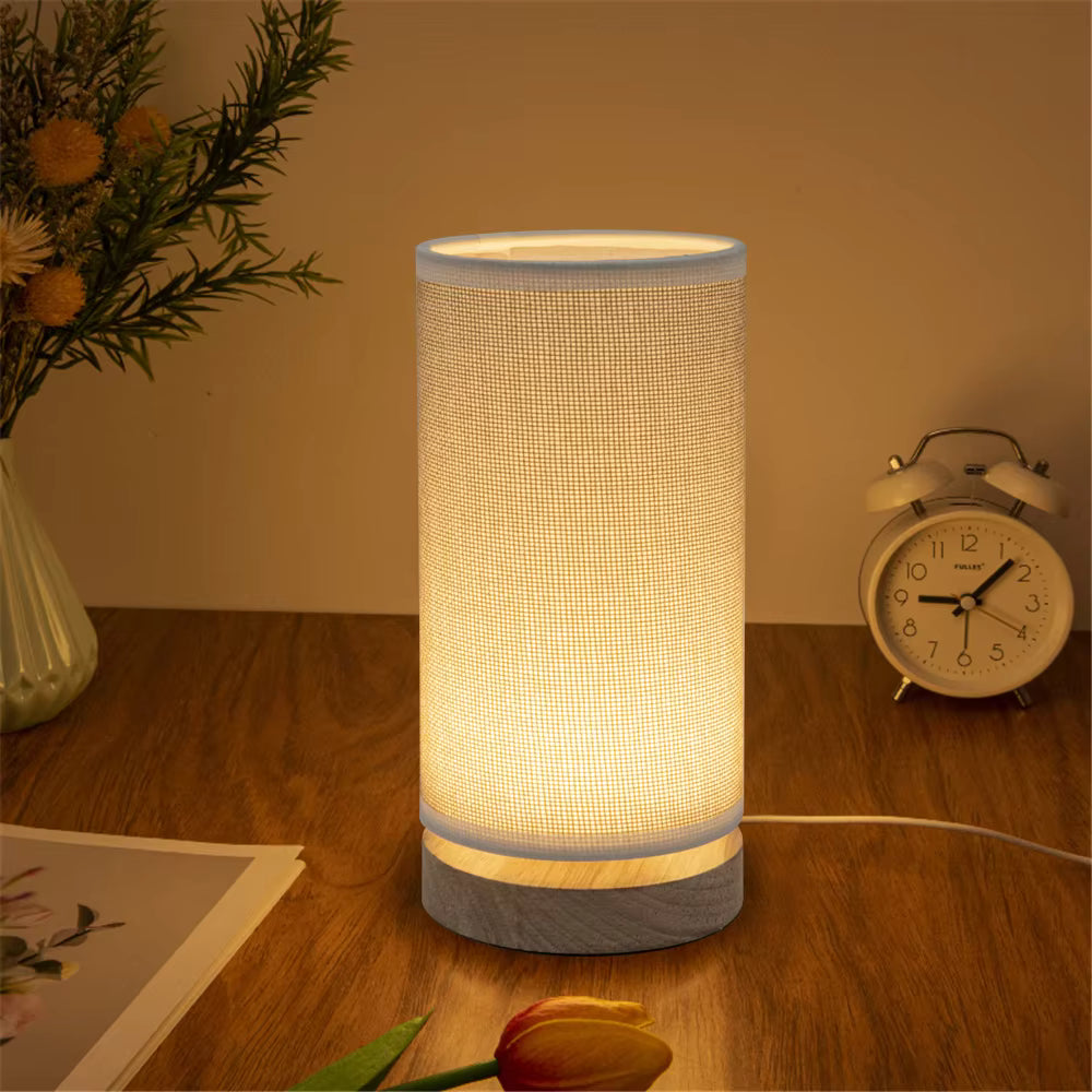 Natural Jute Fabric & Wood Cylinder Table Lamp | Minimalist Desk Light