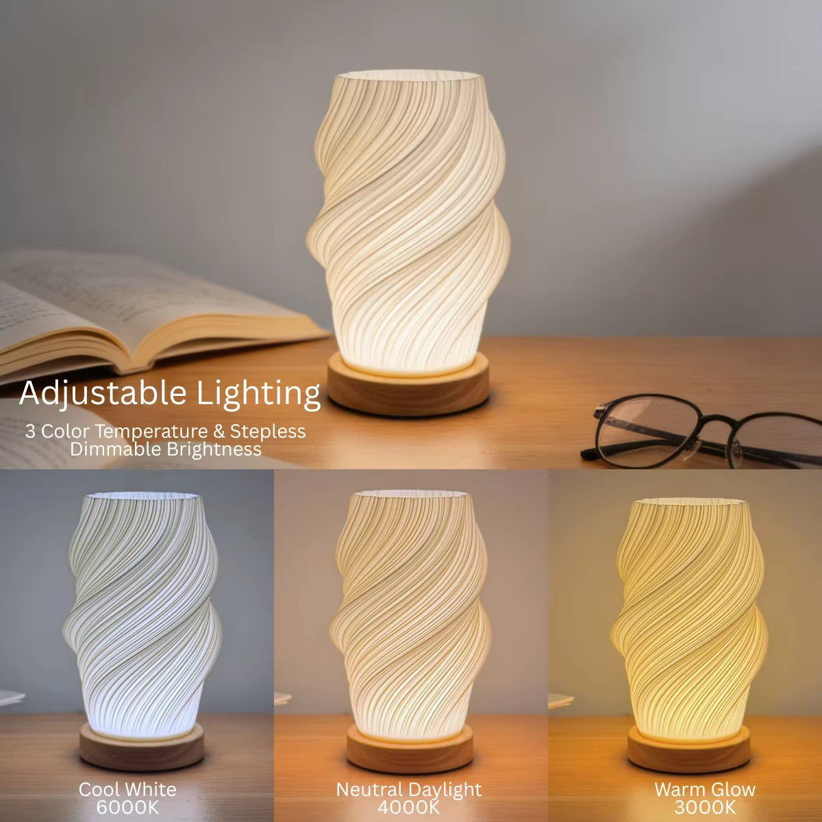 Tri-Color LED Textured Table Lamp | Wood & ABS Minimalist Desk Light