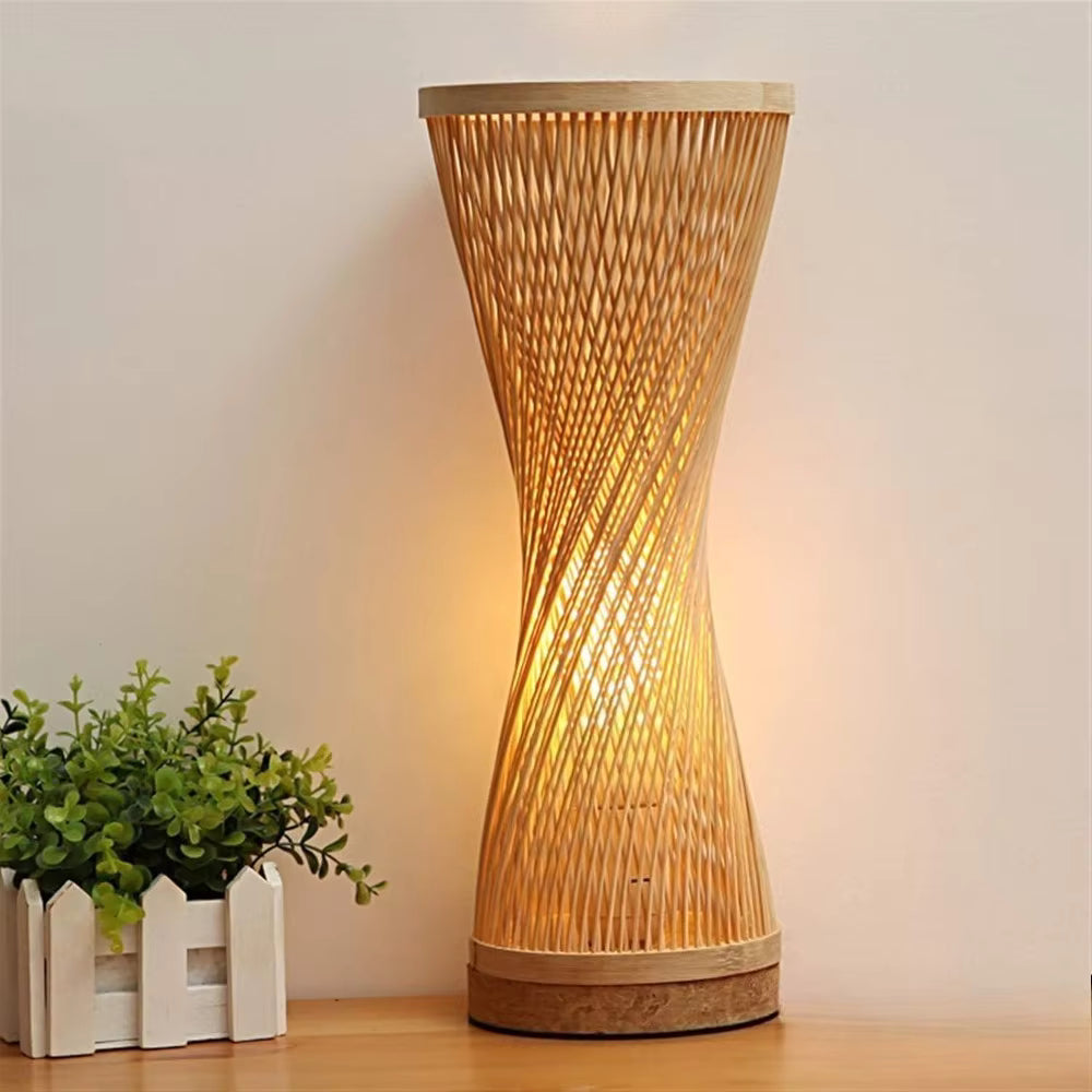 Handcrafted Bamboo Hourglass Table Lamp | Spiral Woven Accent Desk Light