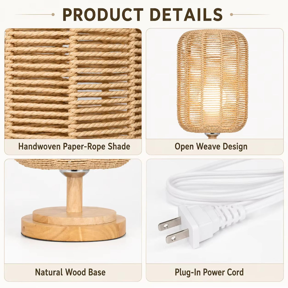 Handcrafted Natural Hemp Rope Table Lamp | Woven Wooden Base Desk Light