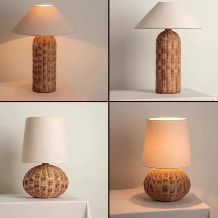 Natural Rattan and Fabric Table Light | Modern Coastal Desk Lamp