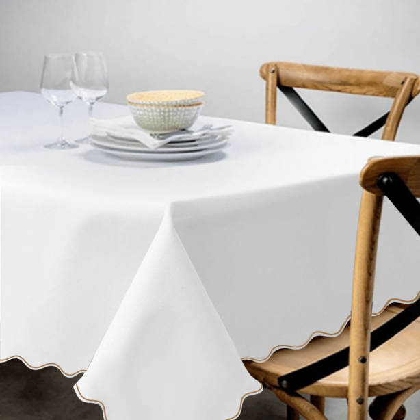 Scallop Embroidery Sateen Poly Cotton Solid Table Cloth