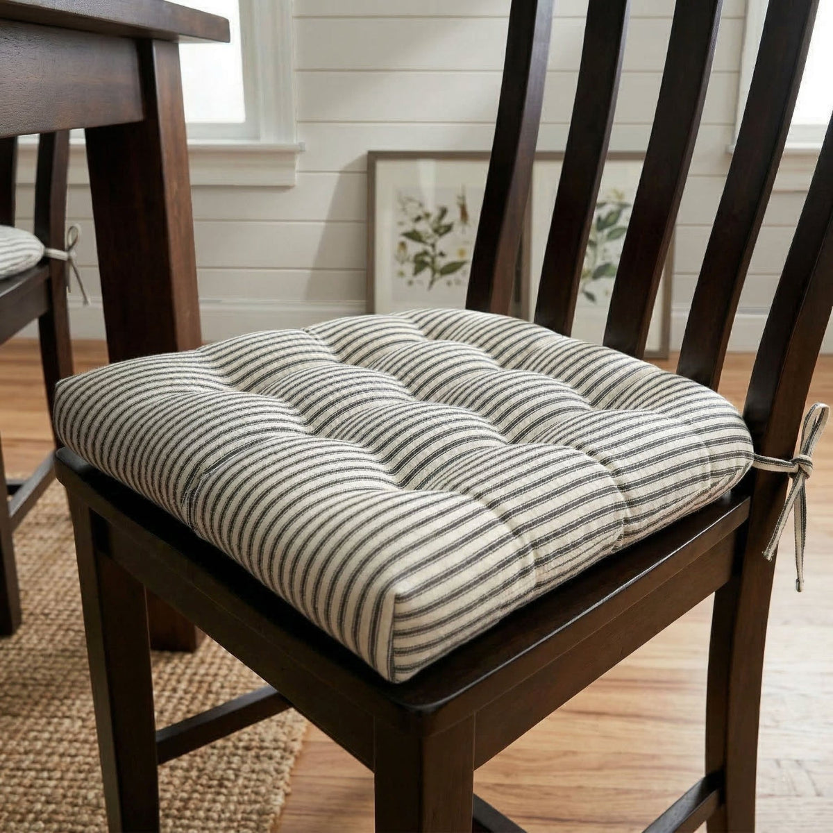 Ticking Stripe Black Dining Chair Pad - Made in USA - 100% Cotton - Machine Washable