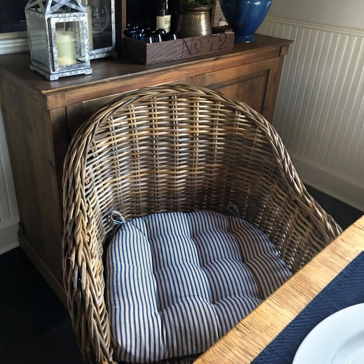 Ticking Stripe Navy Blue Dining Chair Pads - Made in USA - 100% Cotton - Machine Washable