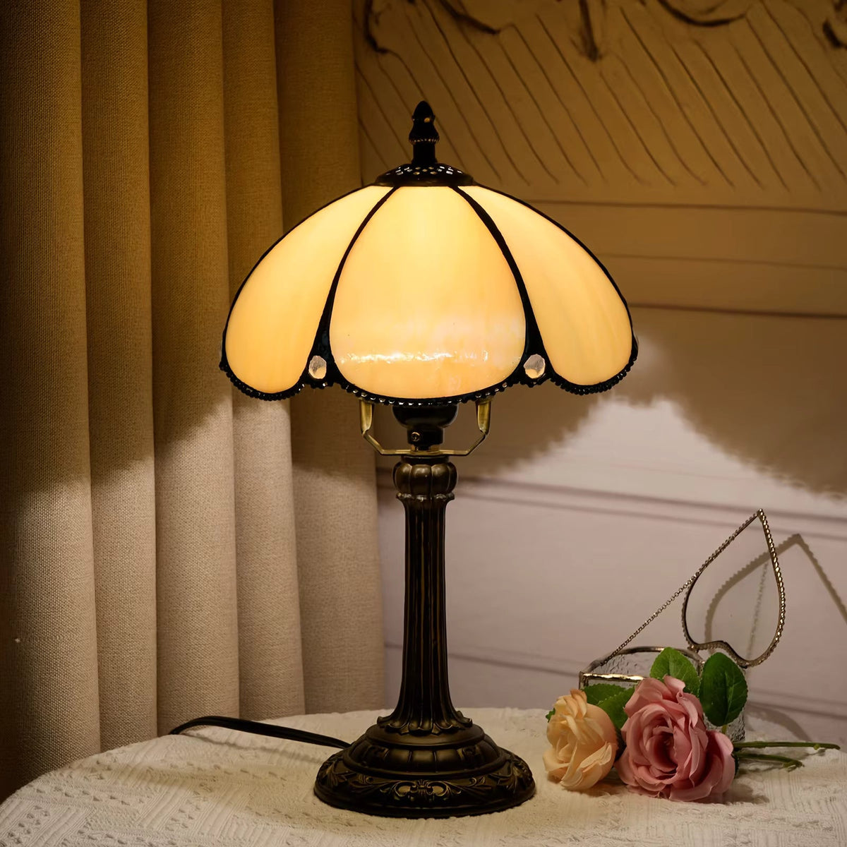 Classic Amber Art Glass Table Lamp | Antique Bronze Finish Resin Desk Light