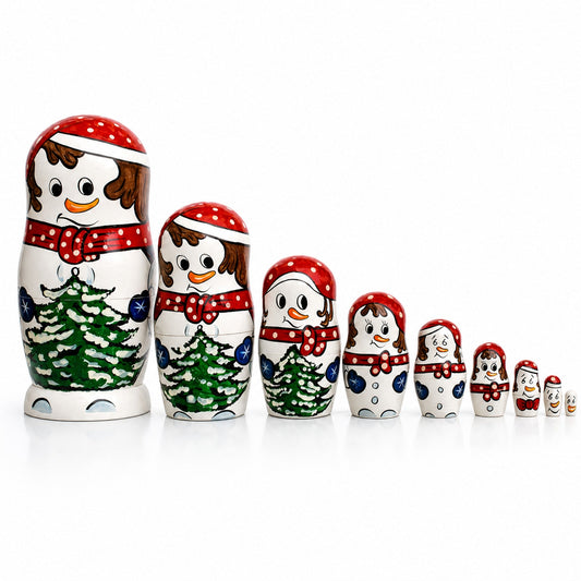 Ensemble de 10 poupées russes en bois en forme de bonhommes de neige avec sapin de Noël, 26 cm