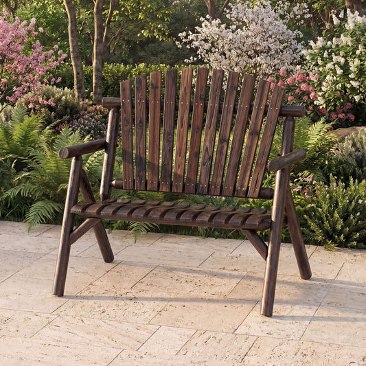 Banc de patio 2 places en bois rond avec dossier à lattes