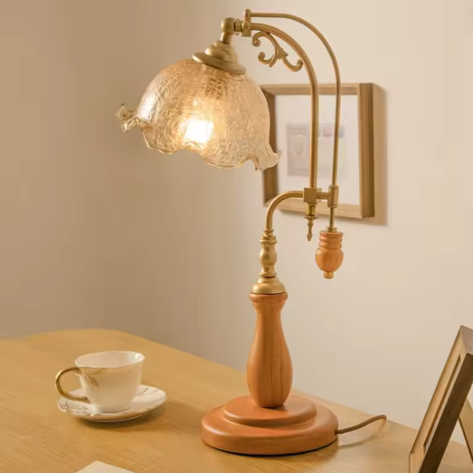 Vintage Goose-Neck Glass & Wood Table Lamp | Retro Desk Light