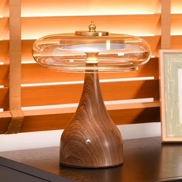 Modern Wooden & Glass Table Lamp | Minimalist Mushroom Desk Light