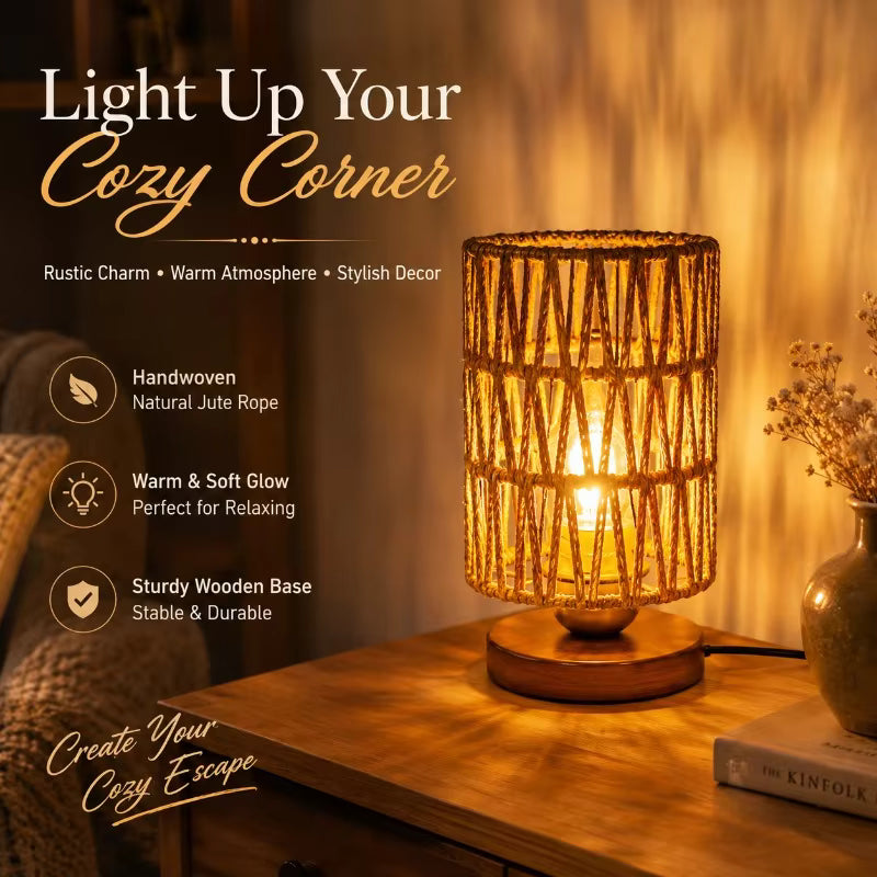 Hemp Rope Woven Table Lamp | Rustic Wooden Base Desk Light
