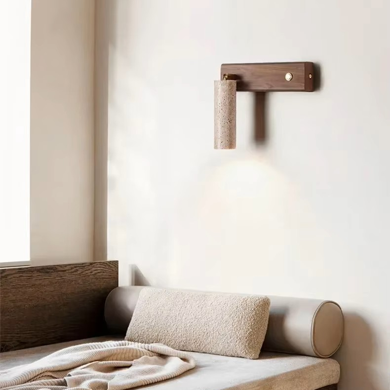 Minimalist Stone & Wooden Cylinder Wall Lamp | Modern Directional Reading Sconce