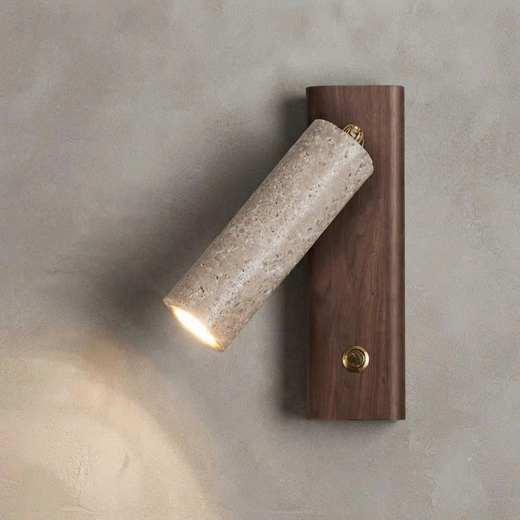 Minimalist Stone & Wooden Cylinder Wall Lamp | Modern Directional Reading Sconce