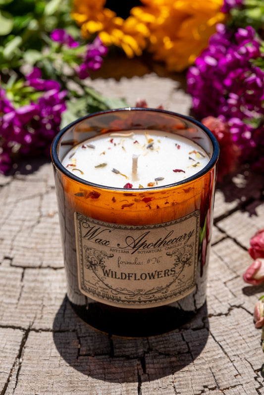 Bougie artisanale en verre ambré Wildflowers, 9 oz