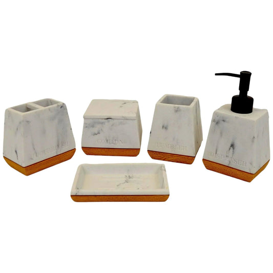 White Marble Bathroom Set with Wood Base