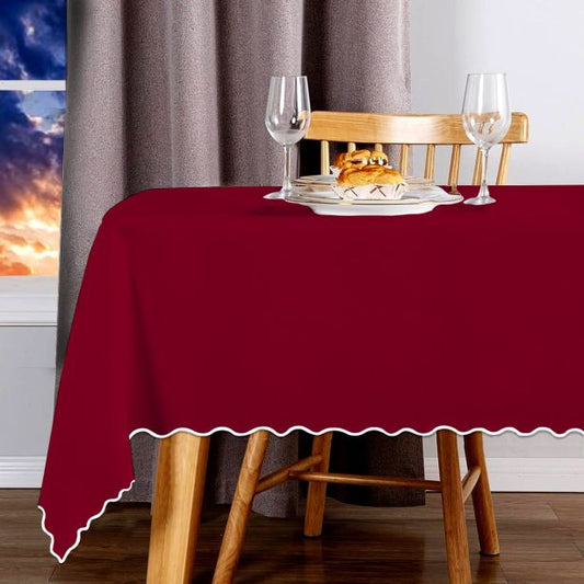 Scallop Embroidery Sateen Cotton Solid Table Cloth - Burgundy