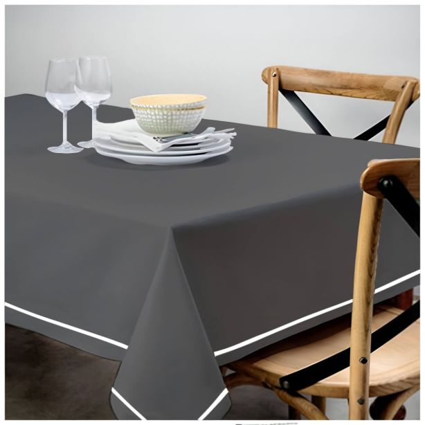 Single Embroidery Border Sateen Cotton Solid Table Cloth - Dark Grey