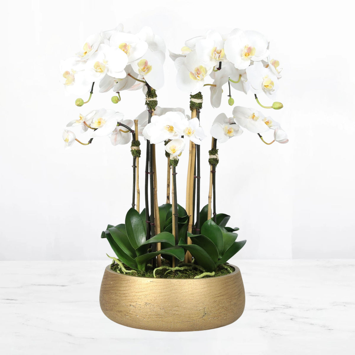Faux Orchid Arrangement in Matte Gold Planter