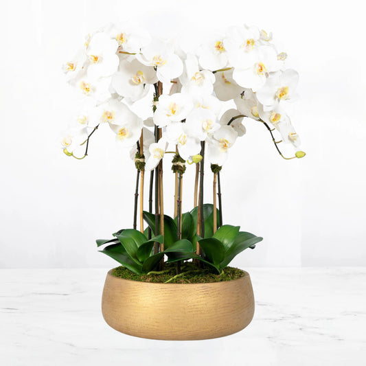 Faux Orchid Arrangement in Matte Gold Planter