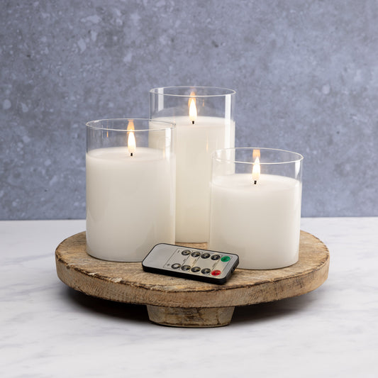 Flameless LED Hurricane Glass Candles - White  - Set of 3 with Remote and Timer