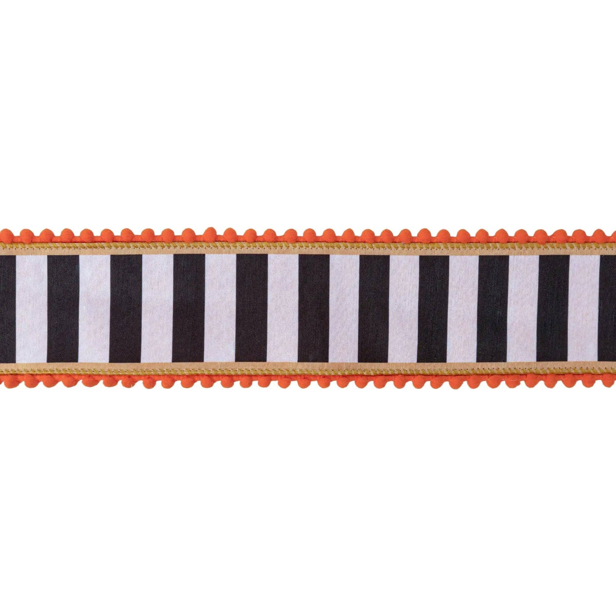 Wired Dupioni Ribbon - Black & White Stripe with Gold Trim & Orange Pom Pom Edge | 2.5" Width | 10 Yard Roll