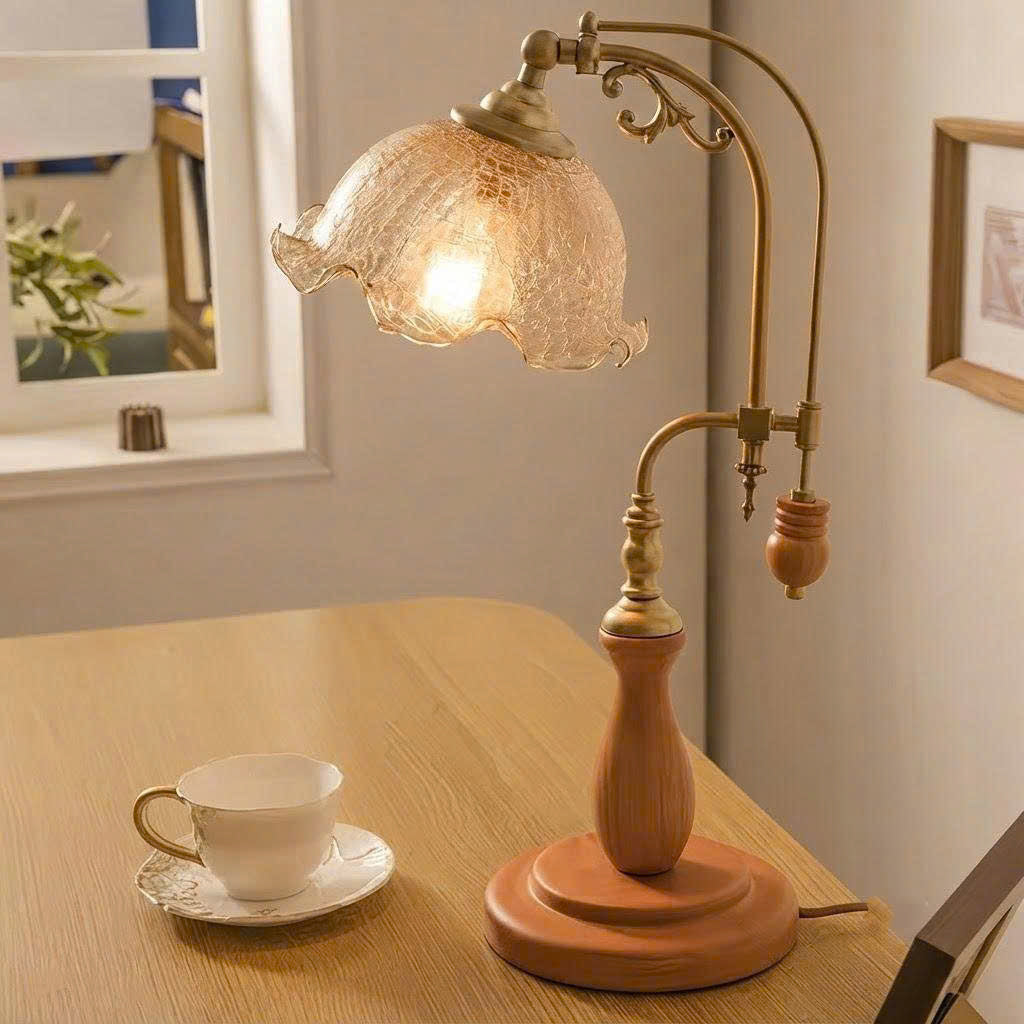 Vintage Goose-Neck Glass & Wood Table Lamp | Retro Desk Light