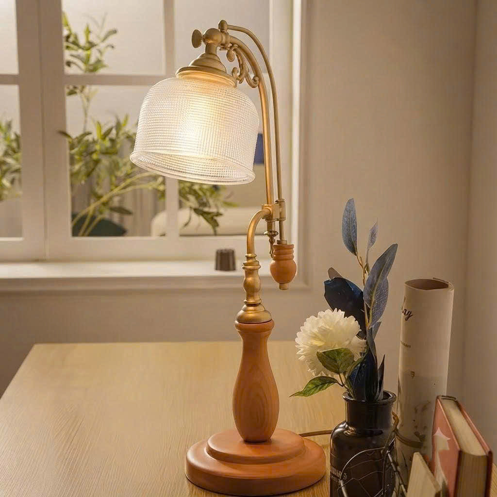 Vintage Goose-Neck Glass & Wood Table Lamp | Retro Desk Light