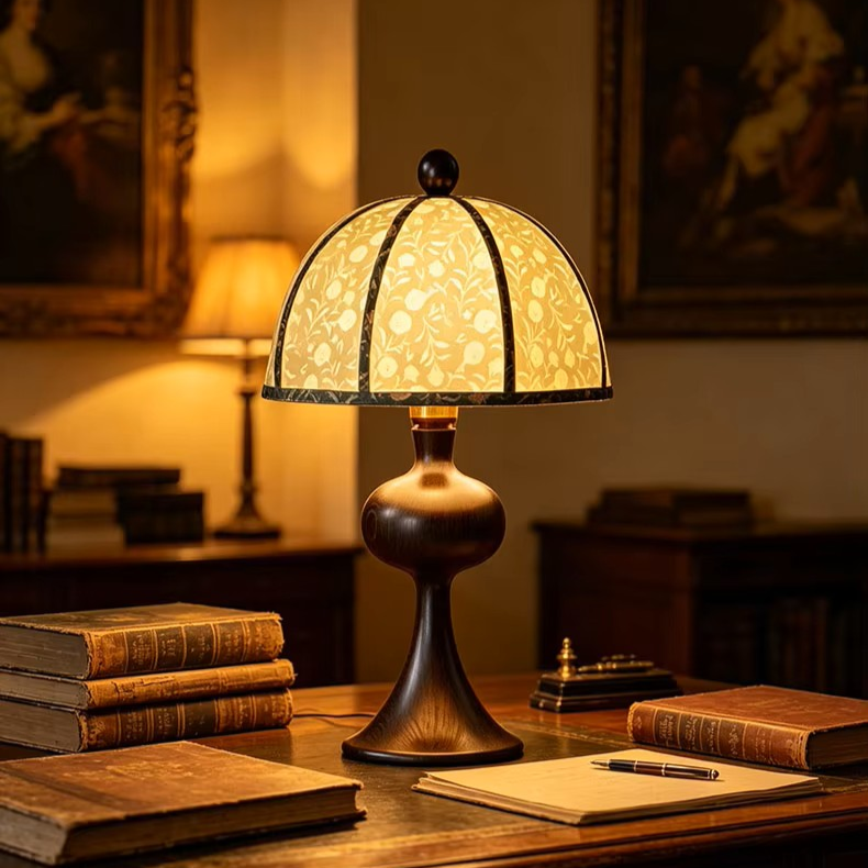 Classic Printed Fabric Shade Bedside Lamp with Carved Wooden Base