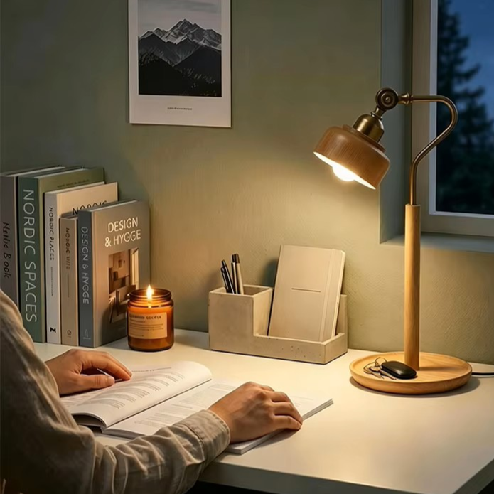 Modern Wood Articulated Desk Lamp | Vintage Brass Swing Arm Reading Light