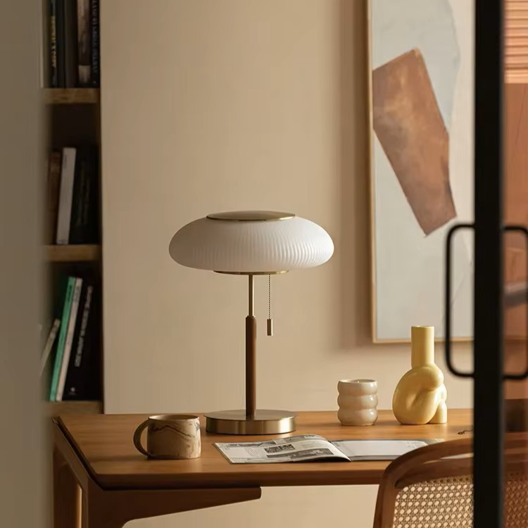 Pleated Glass & Wood Table Lamp | Vintage Brass Desk Light